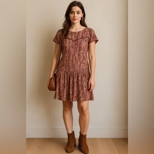 Maison Scotch Womens XS Mini Dress Mauve Animal Print Drop Waist Country Boho